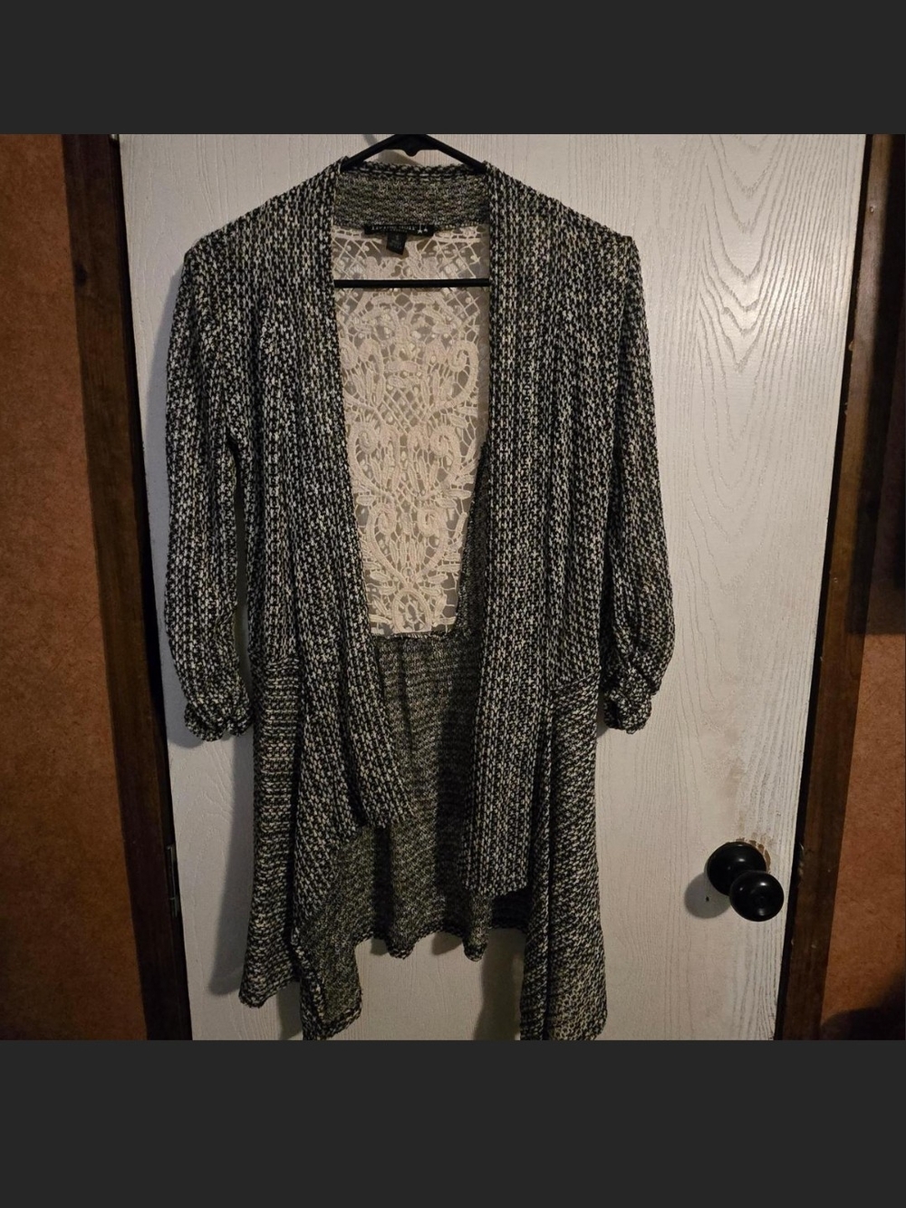 living doll Black & White Open-Front Knit Cardigan with Lace Back
